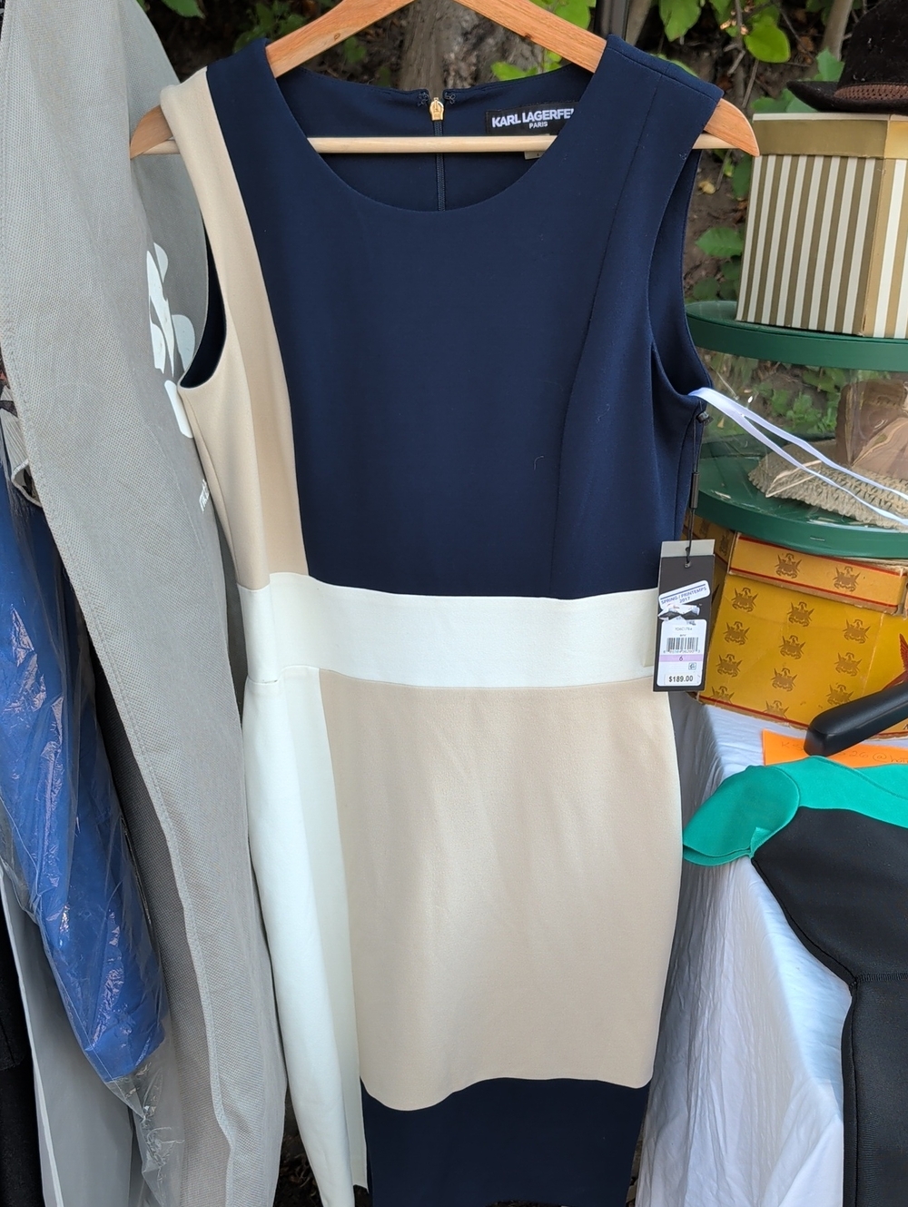 Karl Lagerfeld Navy, Beige & White Colorblock Midi Dress